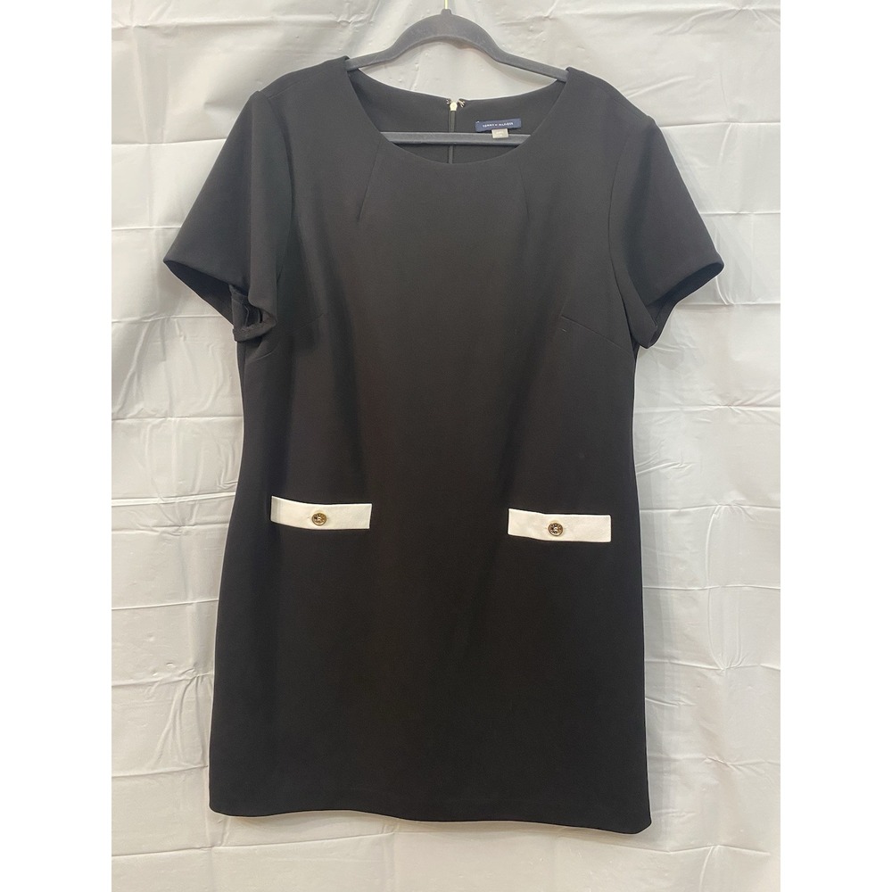 Tommy Hilfiger Dress Womens Size 18 Black Sheath Faux Pockets Gold Buttons